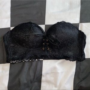 Black lace up front strapless pushup bra